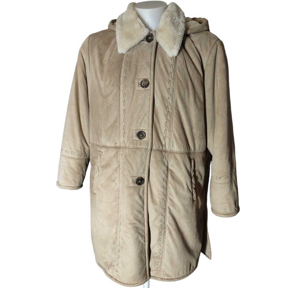 Big Chill Faux Suede Parka Jacket Women 1X Preowned Cabin Core‎ Boho Hooded Coat
